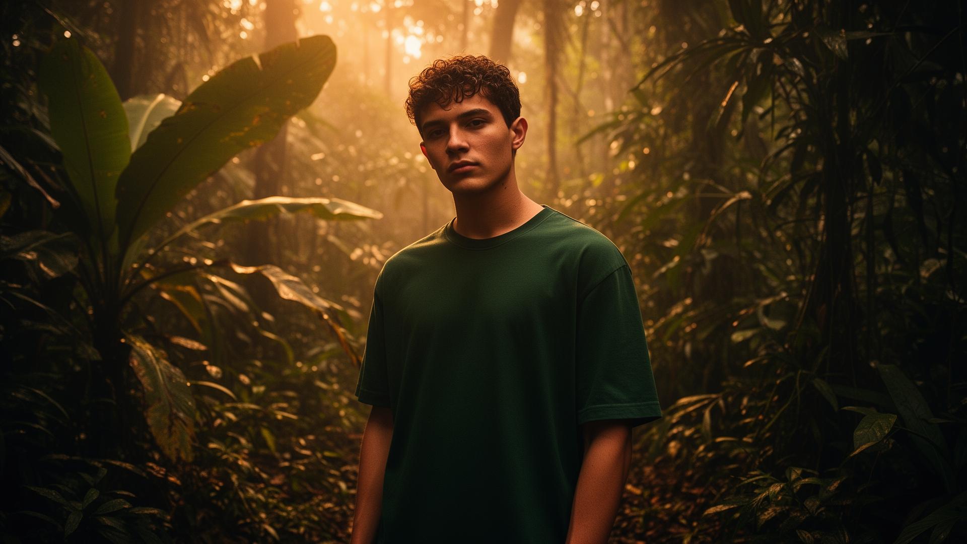 Modelo en la selva amazónica con camiseta verde